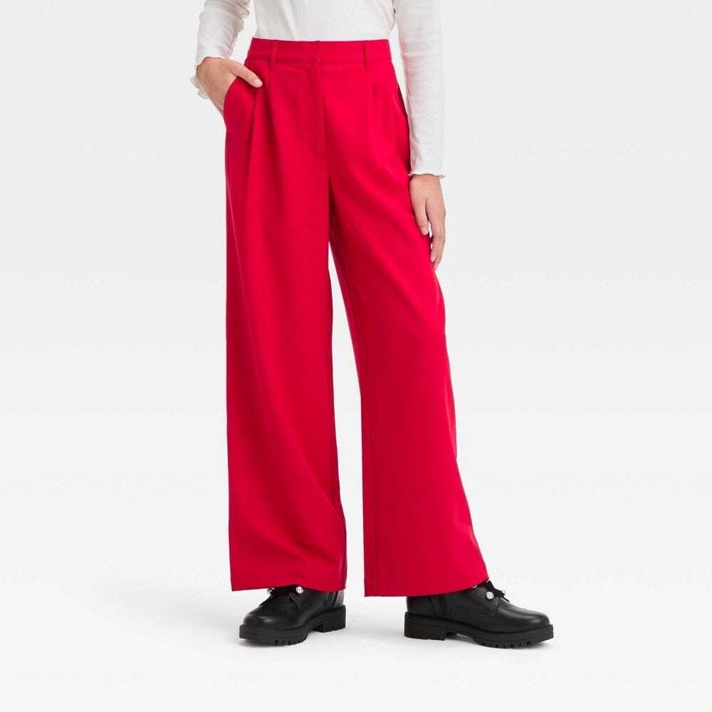 Art Class Girls Wide Trousers Red High Rise Pleat Front